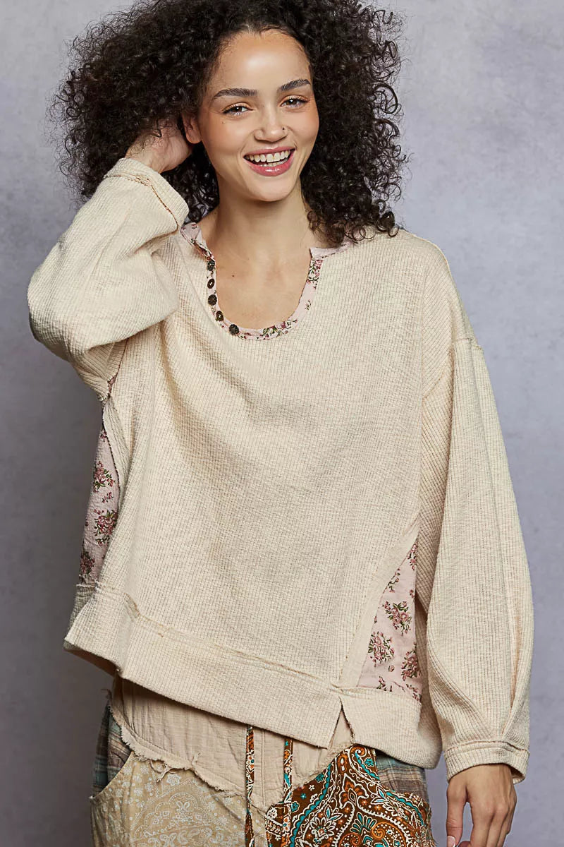 Balloon Sleeve Oversized Ribbed Top with Floral Pattern Contrast