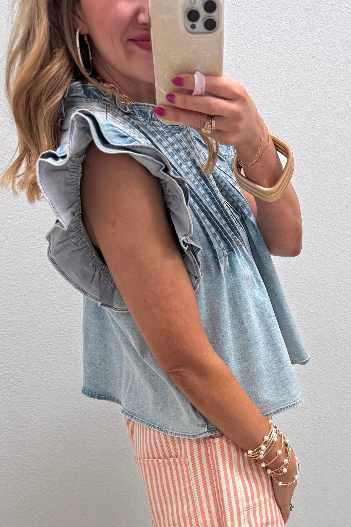 Beau Blue Ruffle Pleated Detail Vintage Washed Denim Top - Loving It Shop