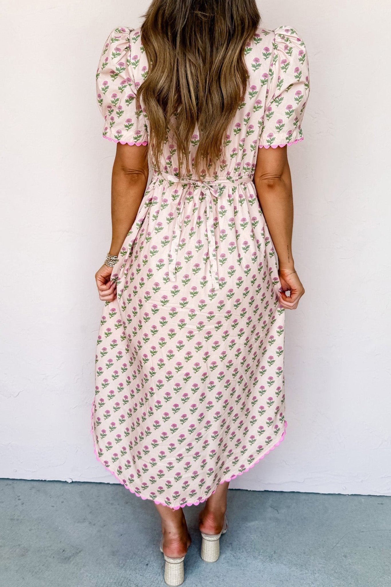 Pink Floral Print V Neck Scallop Trim Button Front Short Sleeve Long Dress - Loving It Shop