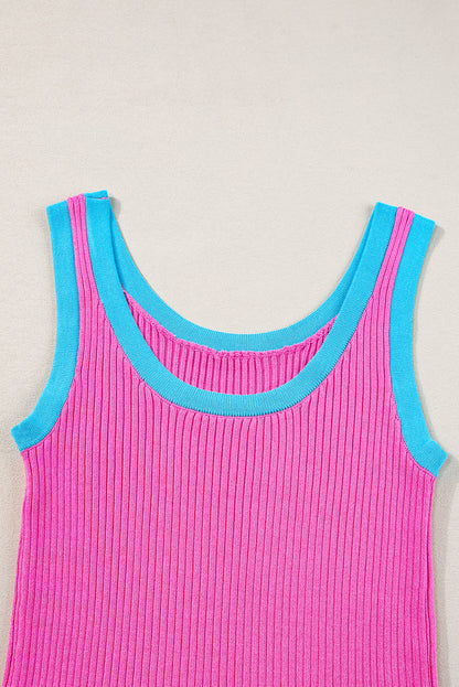 Bright Pink Colorblock Edge Ribbed Knit U Neck Tank Top