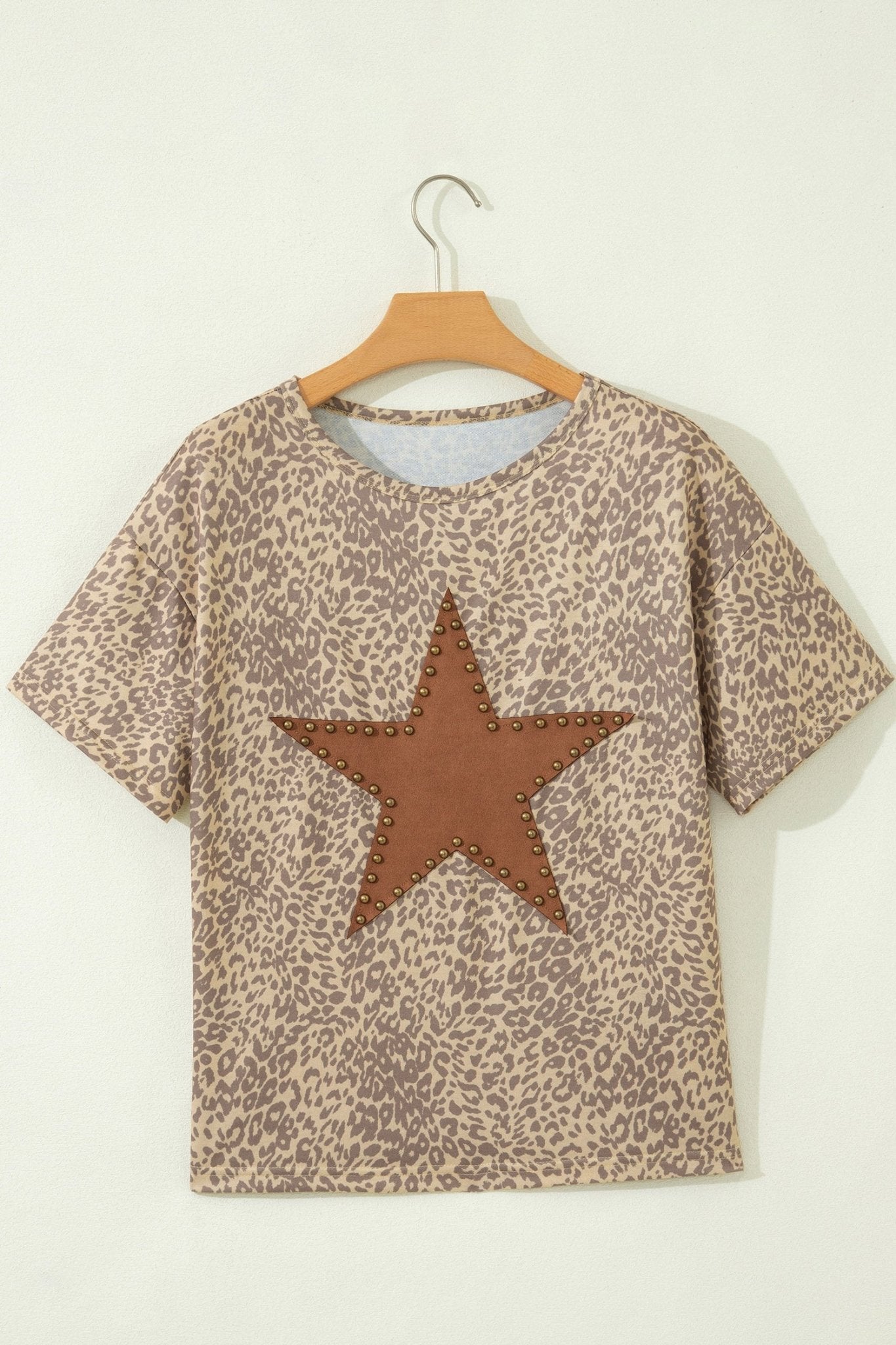 Khaki Leopard Retro Studded Star Patch Loose Tee - Loving It Shop