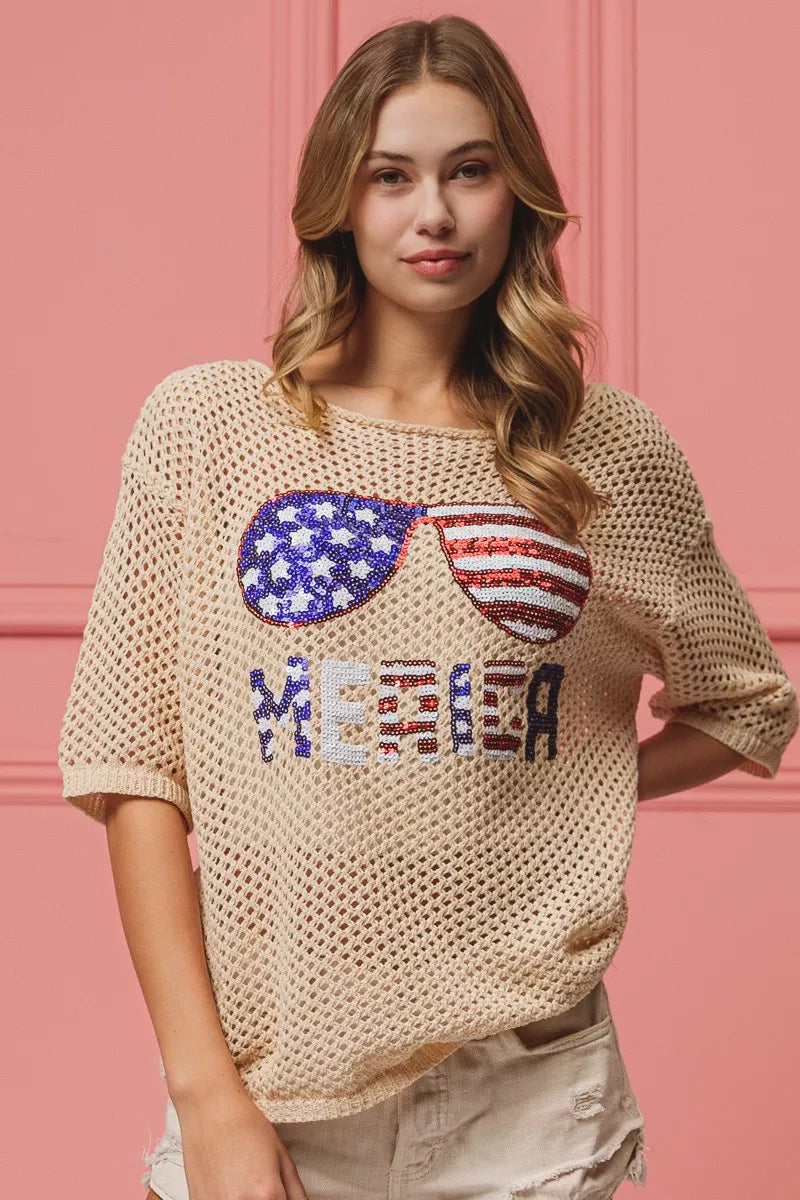 Sequin American Flag Sunglasses Knit Cover Up