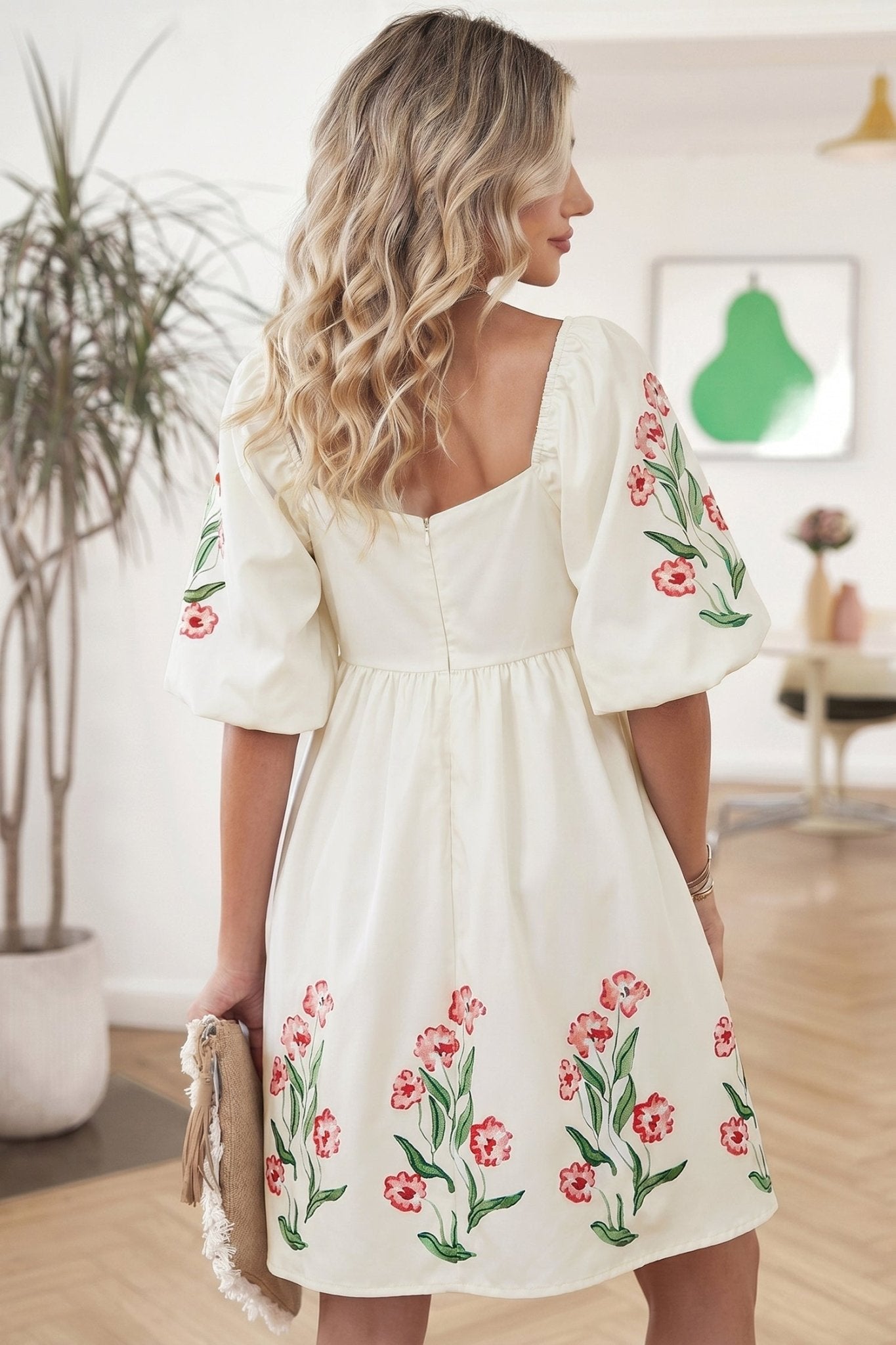 Beige Floral Print Puff Sleeve Babydoll Dress - Loving It Shop