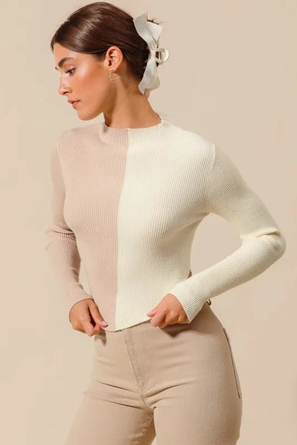 Color Block Fitted Crop Sweater Top