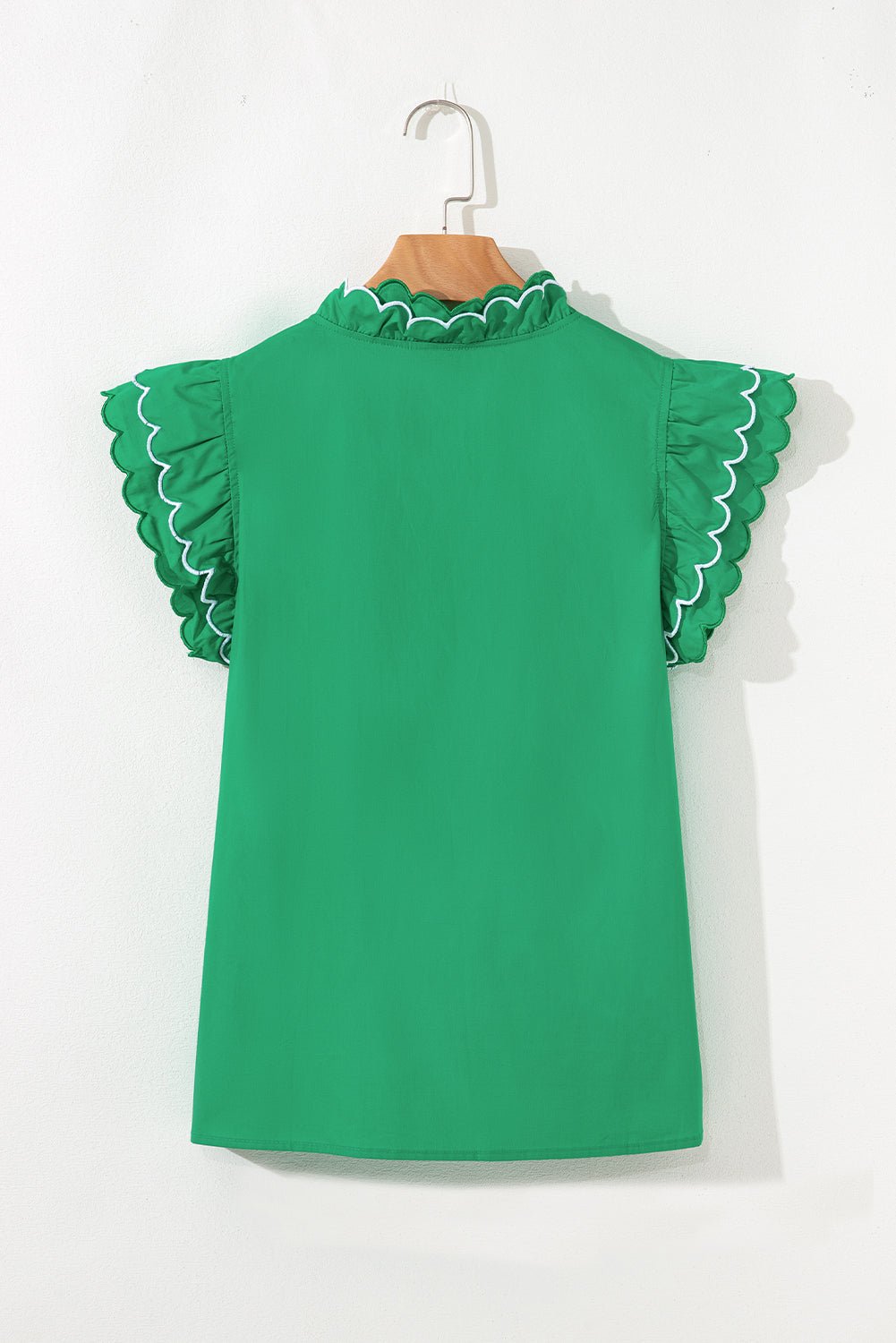 Bright Green Contrast Scallop Trim Layered Short Sleeve V Neck Blouse - Loving It Shop