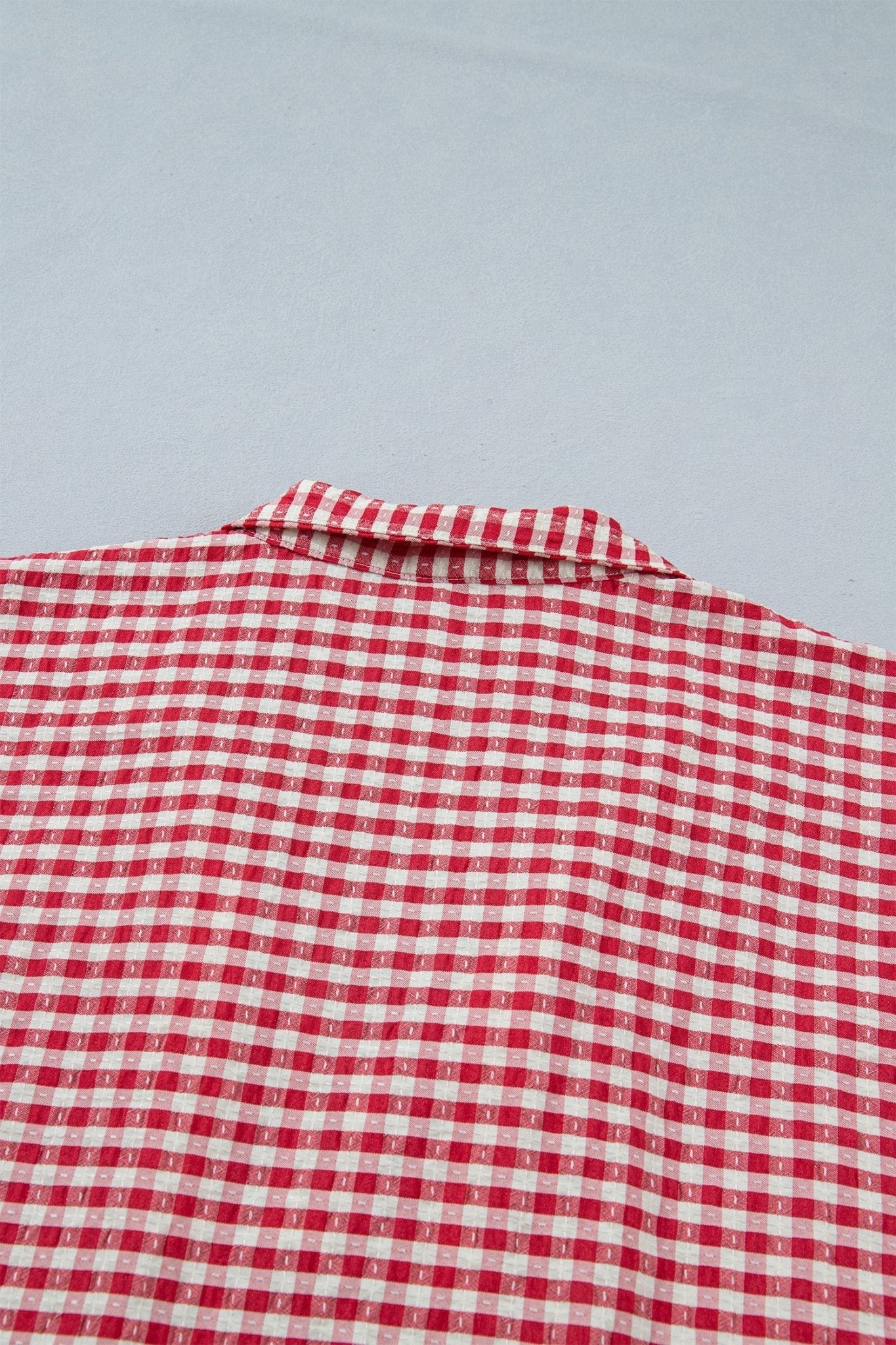 Red Plaid Short Sleeve Colorblock Trim Split Neck Blouse - Loving It Shop