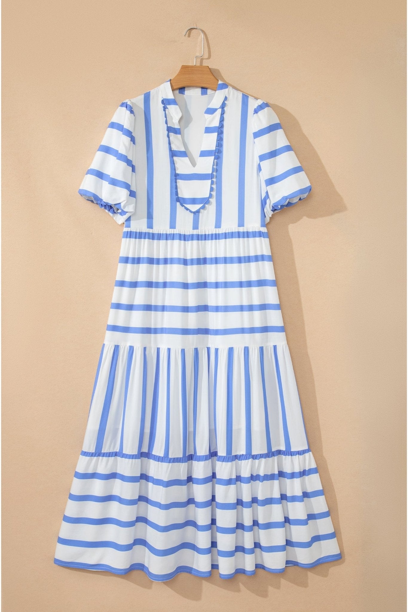 Sky Blue Stripe Ricrac Trim Notched Neck Half Sleeve Vacation Dress - Loving It Shop