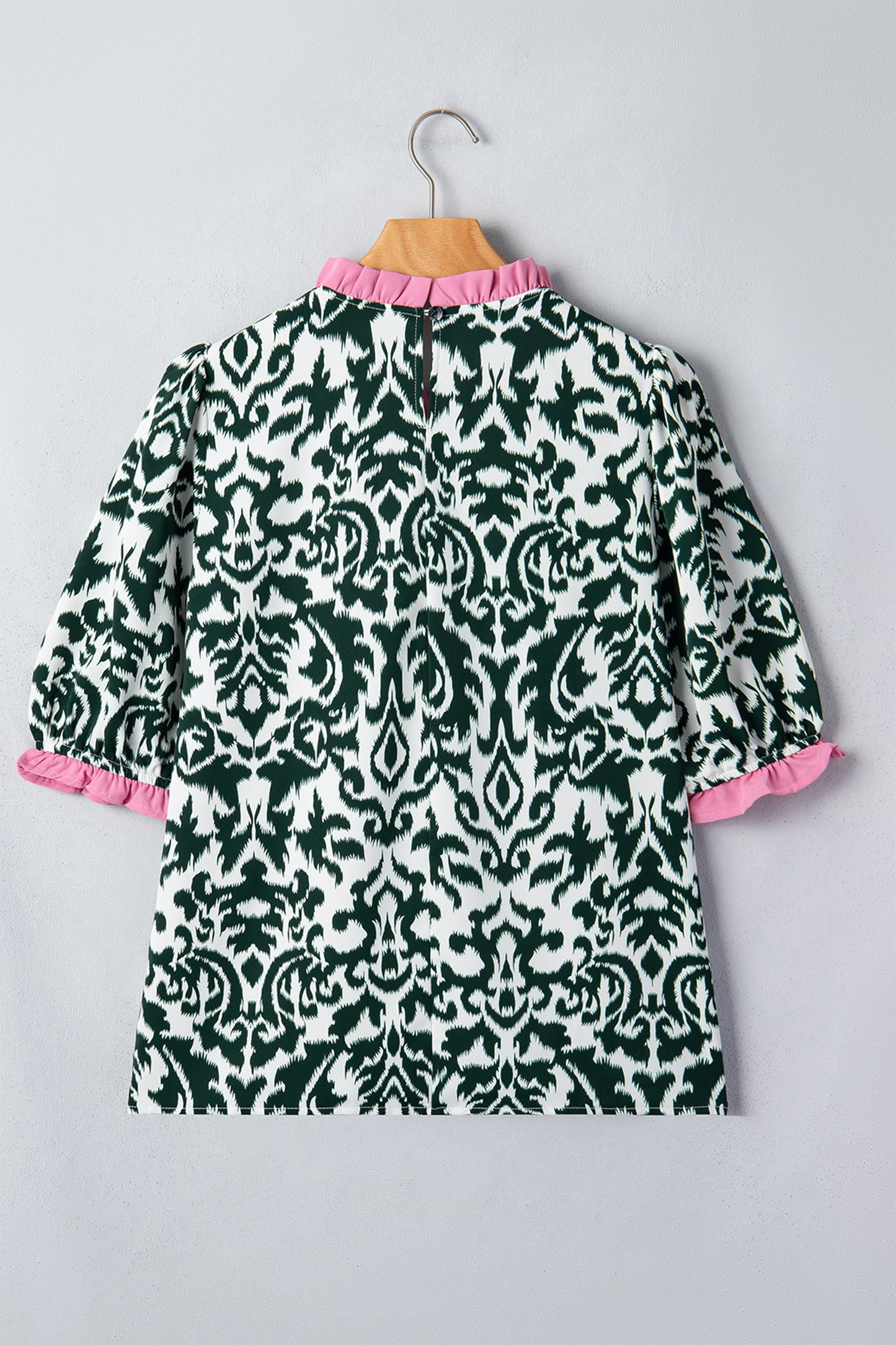 Green Damask Print Ruffled Color Block Detail Half Sleeve Blouse