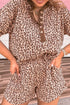 Brown Leopard Print Ribbed Patchwork Half Button Loose Tee Elastic Waist Short 2pcs Set - Loving It Shop