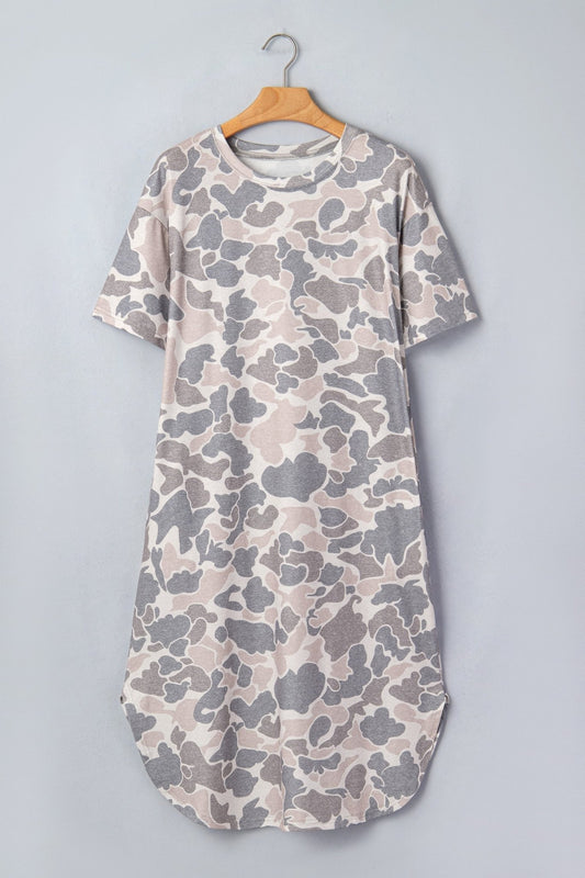 Multicolour Camouflage Print Short Sleeve Drop Shoulder Side Slit Casual Dress - Loving It Shop