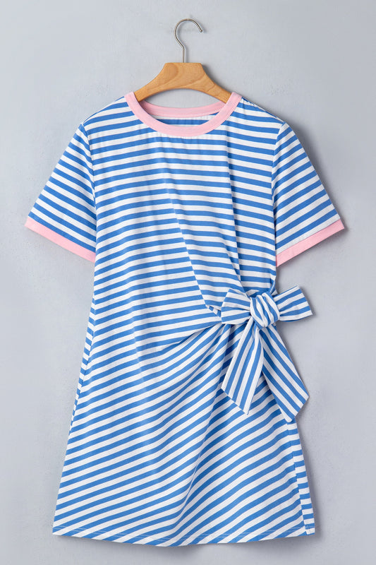 Sky Blue Stripe Nautical Tie Contrast Trim Round Neck T Shirt Mini Dress