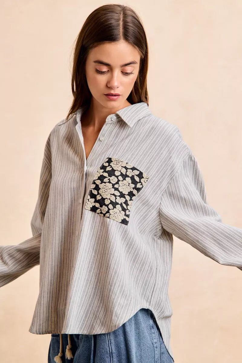 Flower Jacquard Knit Patch Pocket Stripe Shirt