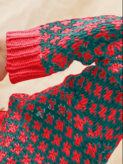 Color Block Textured Christmas Sweater V Neck Top