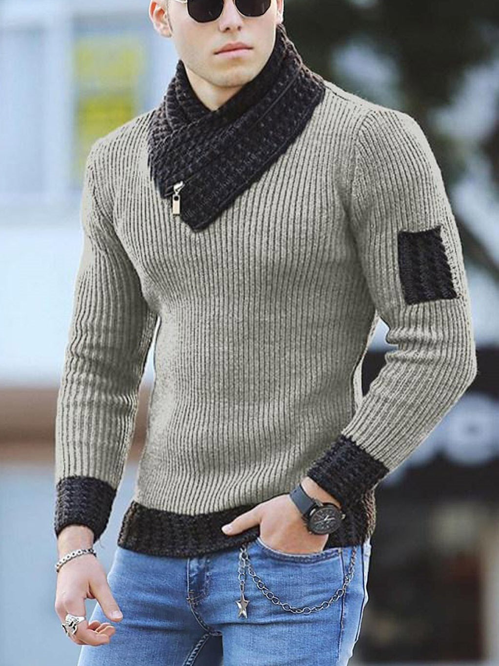 Independent Station Casual Slim Knit Pullover Long-sleeved Scarf Collar Sweater Men&