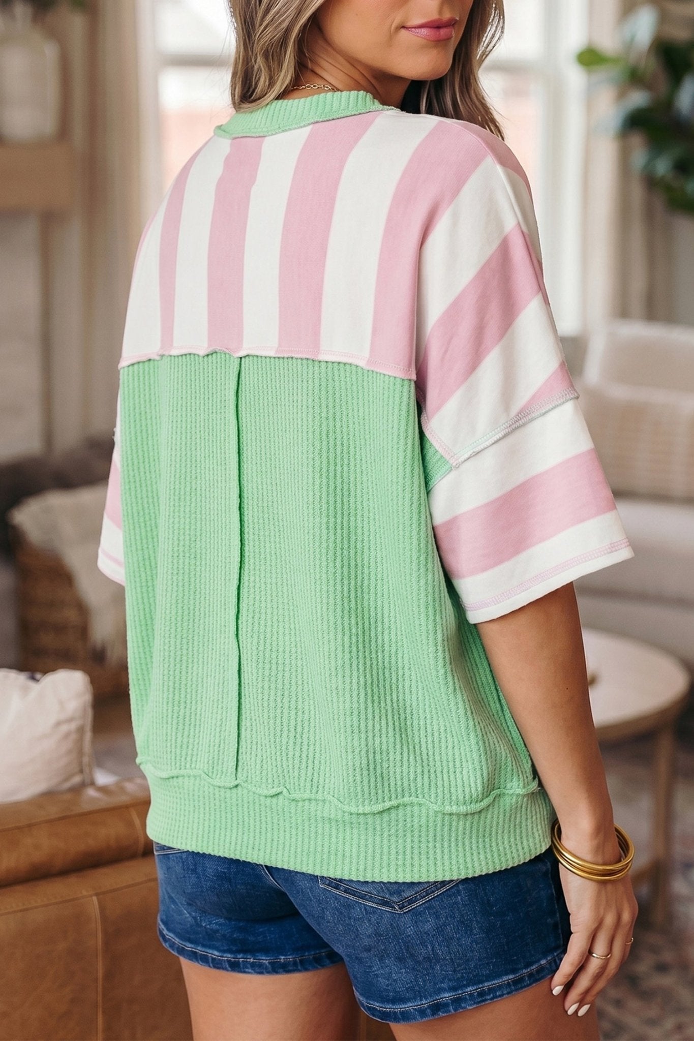 Pink Stripe Exposed Seam Ribbed Patchwork Oversized Tee - Loving It Shop