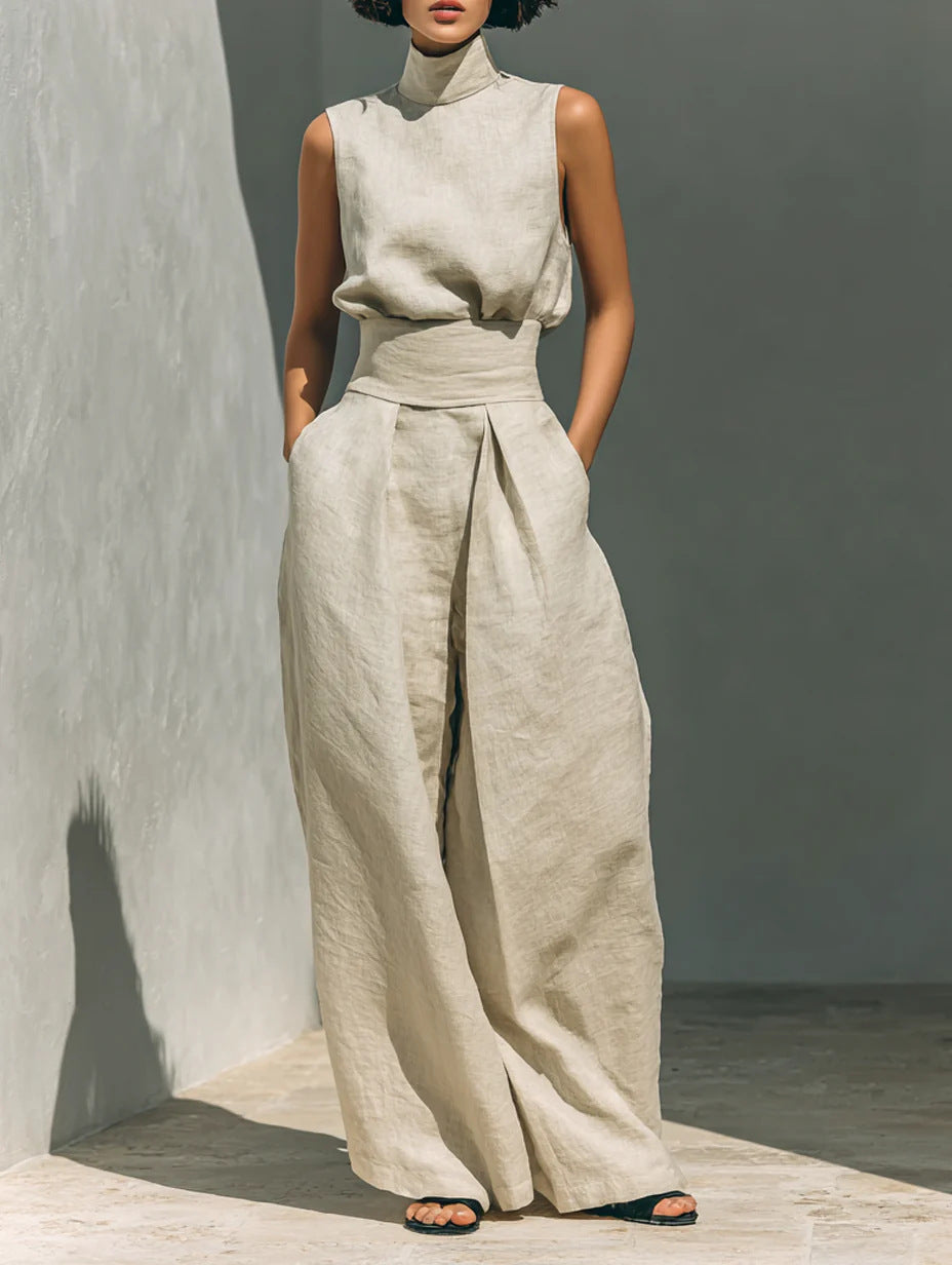 Casual Sleeveless Suit Summer Stand-up Collar Pullover Top And Loose Straight-leg Trousers Women&