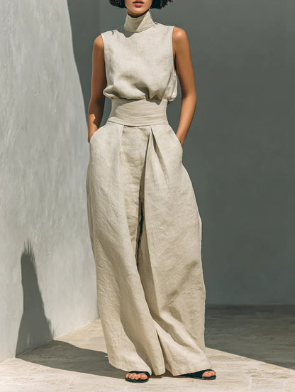 Casual Sleeveless Suit Summer Stand-up Collar Pullover Top And Loose Straight-leg Trousers Women&
