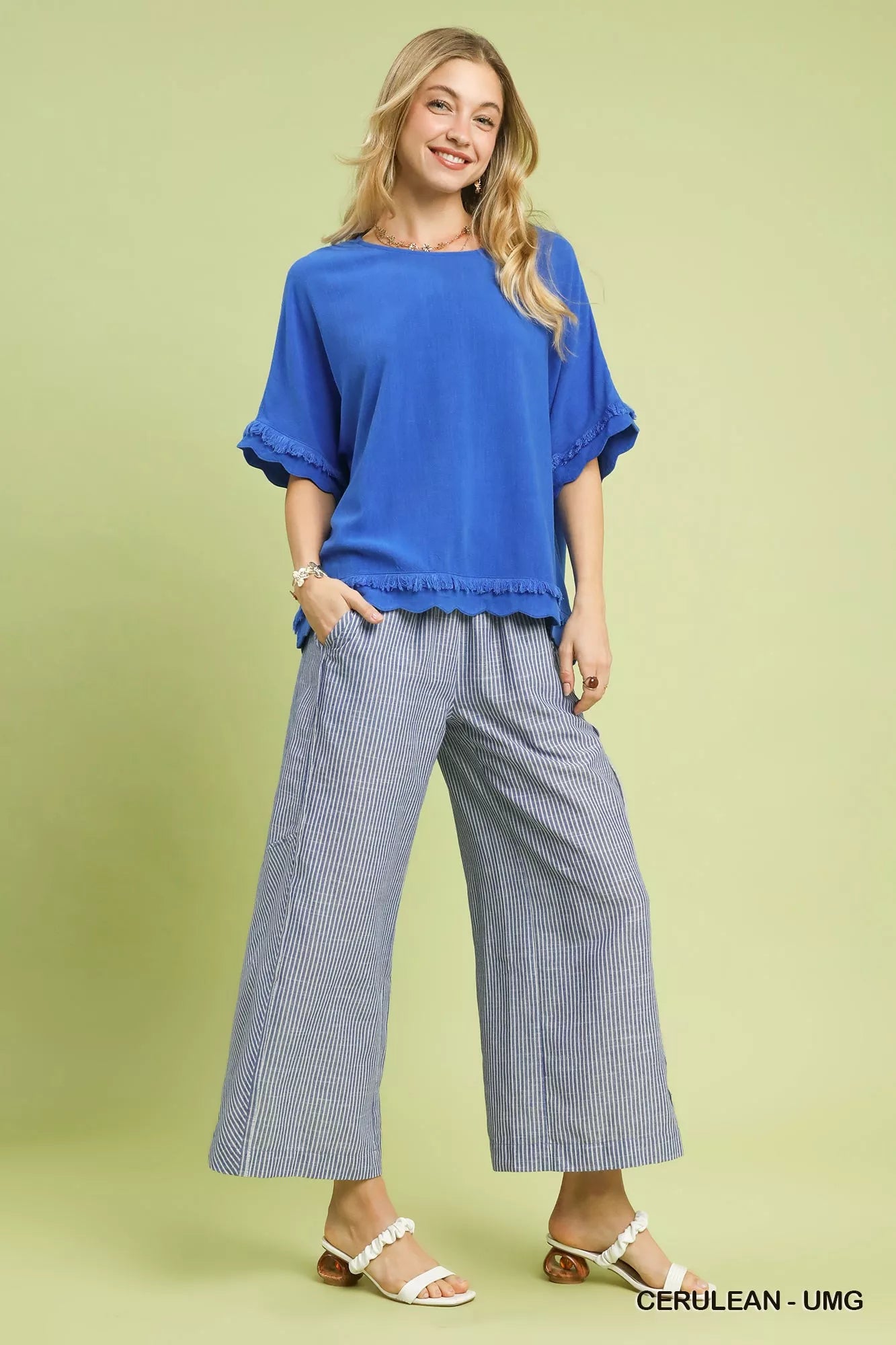 Linen Frayed Hem Scallop Edge Top