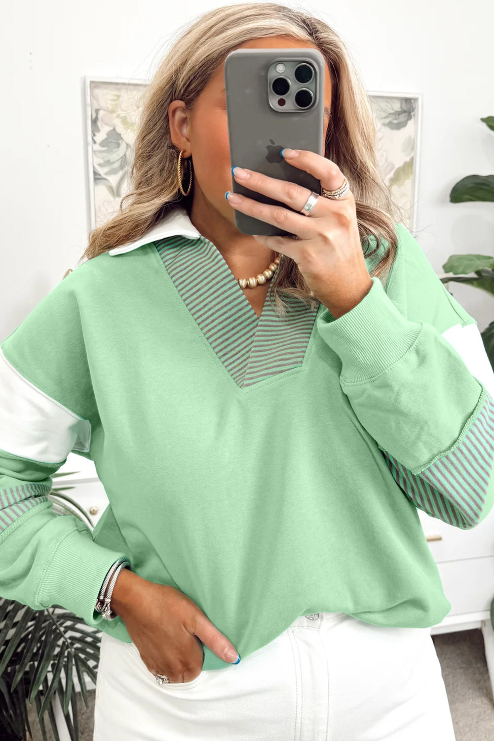 Moonlight Jade Color Block Striped Patchwork Collar V Neck Plus Size Sweatshirt