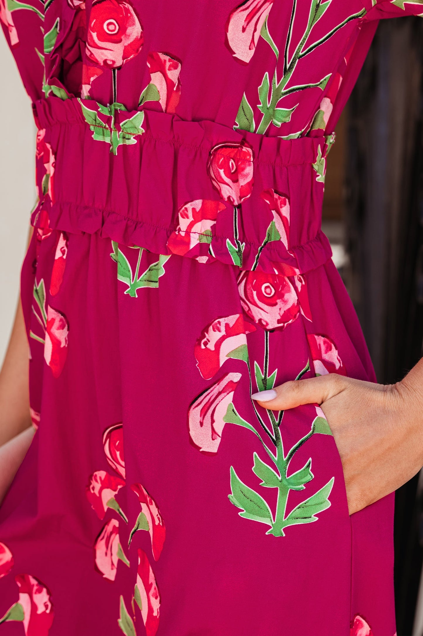 Red Floral Print Frilled V Neck Short Sleeve Ruffle Maxi Dress