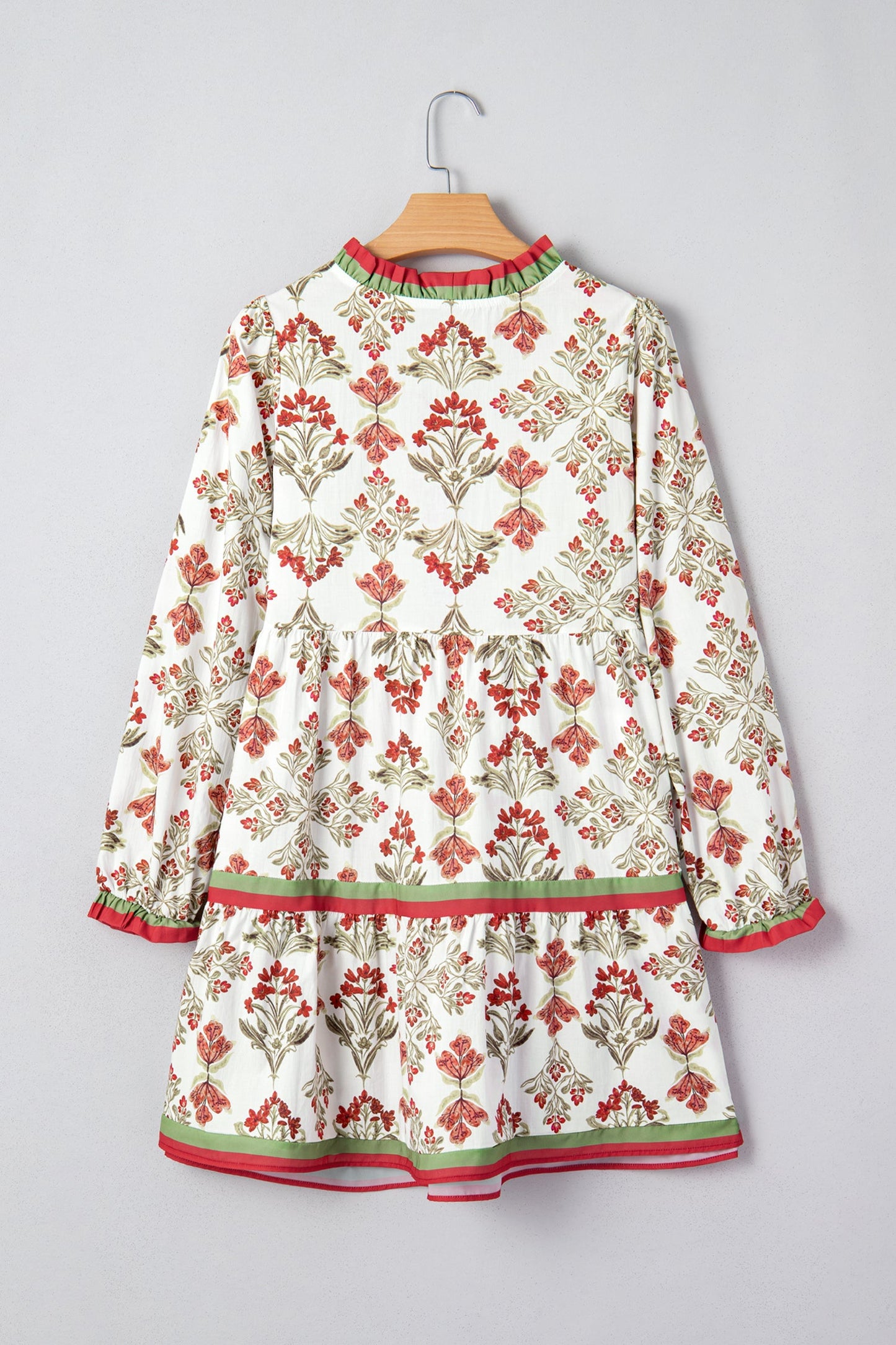 Pink Floral Print Contrast Trim Frilled Neck Long Sleeve Flared Dress