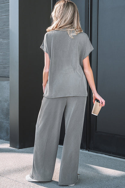 Dark Grey Twisted Ribbed High Neck Loose Tee Elastic High Waist Loose Pant Set