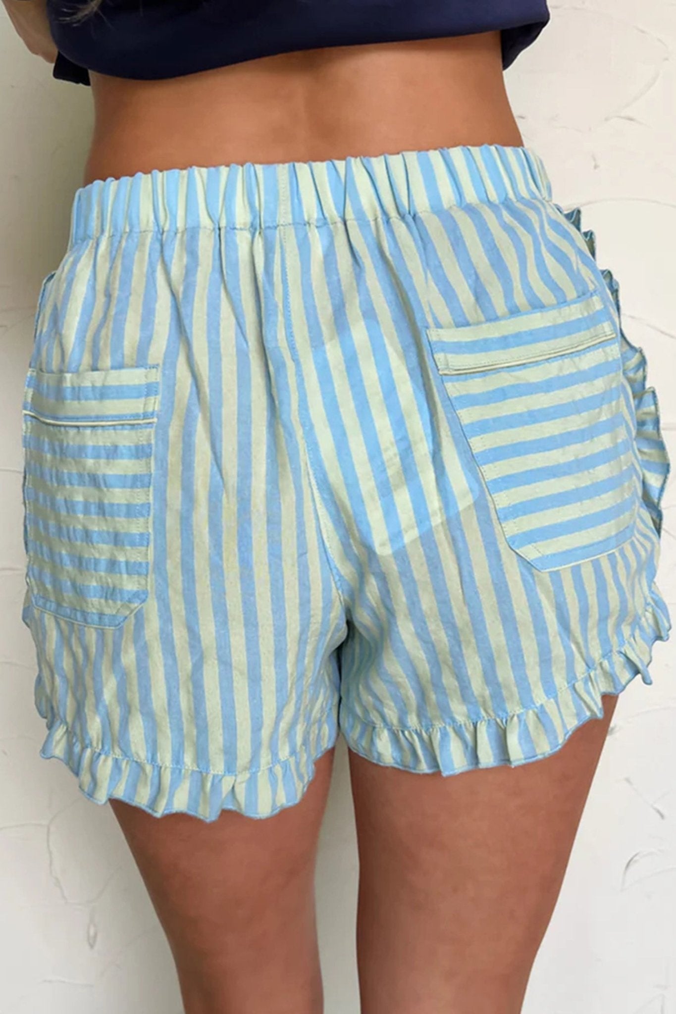 Sky Blue Stripe Elastic Waist Ruffle Trim Casual Shorts - Loving It Shop