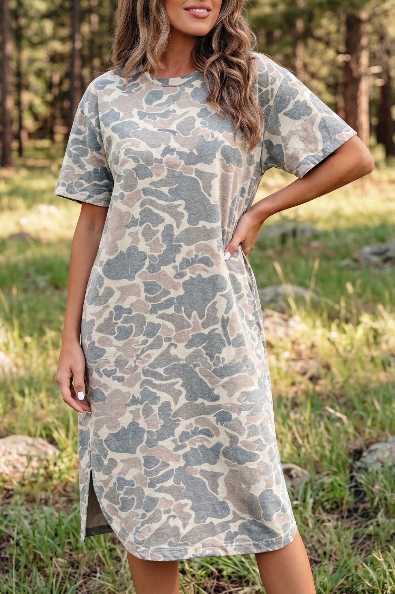 Multicolour Camouflage Print Short Sleeve Drop Shoulder Side Slit Casual Dress - Loving It Shop