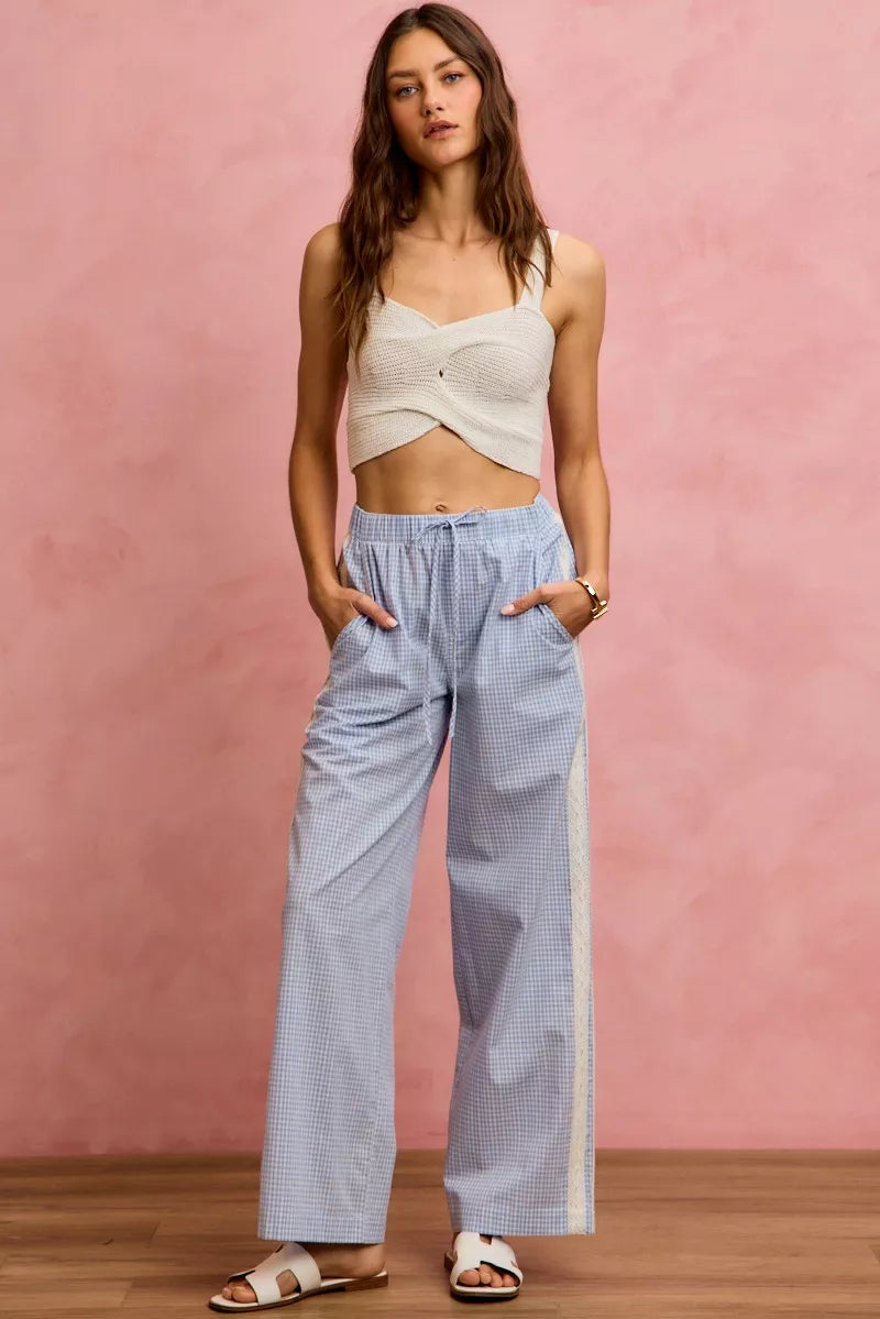 Wide Check Pants With Side Lace Trim And Piping