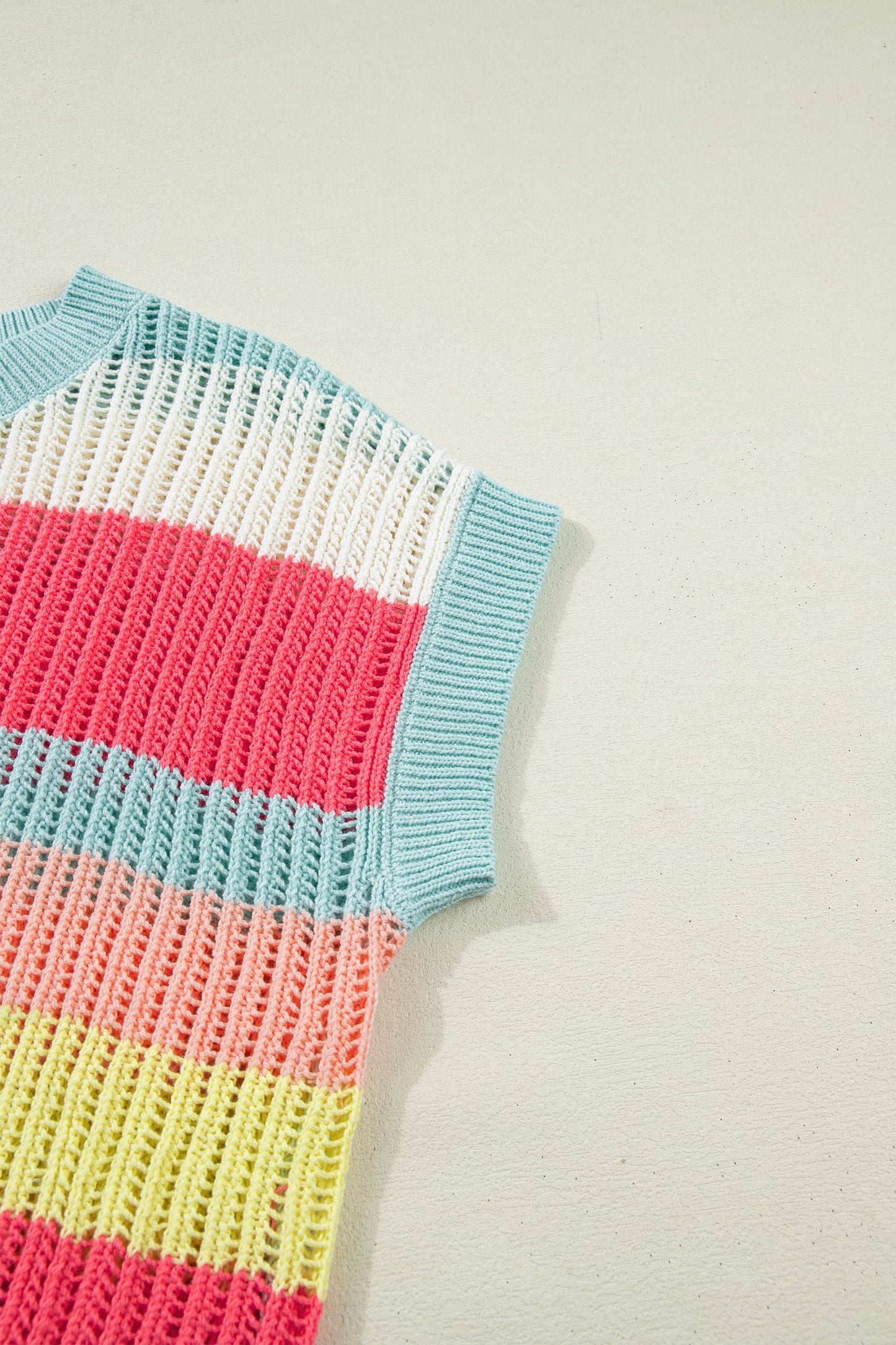 Green Stripe Color Block Hollow Out Knit Short Sleeve Sweater