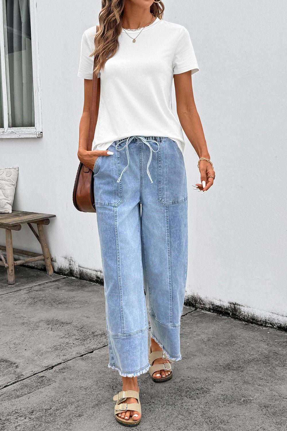 Beau Blue Drawstring Seam Detail Raw Hem Wide Leg Denim Pants - Loving It Shop