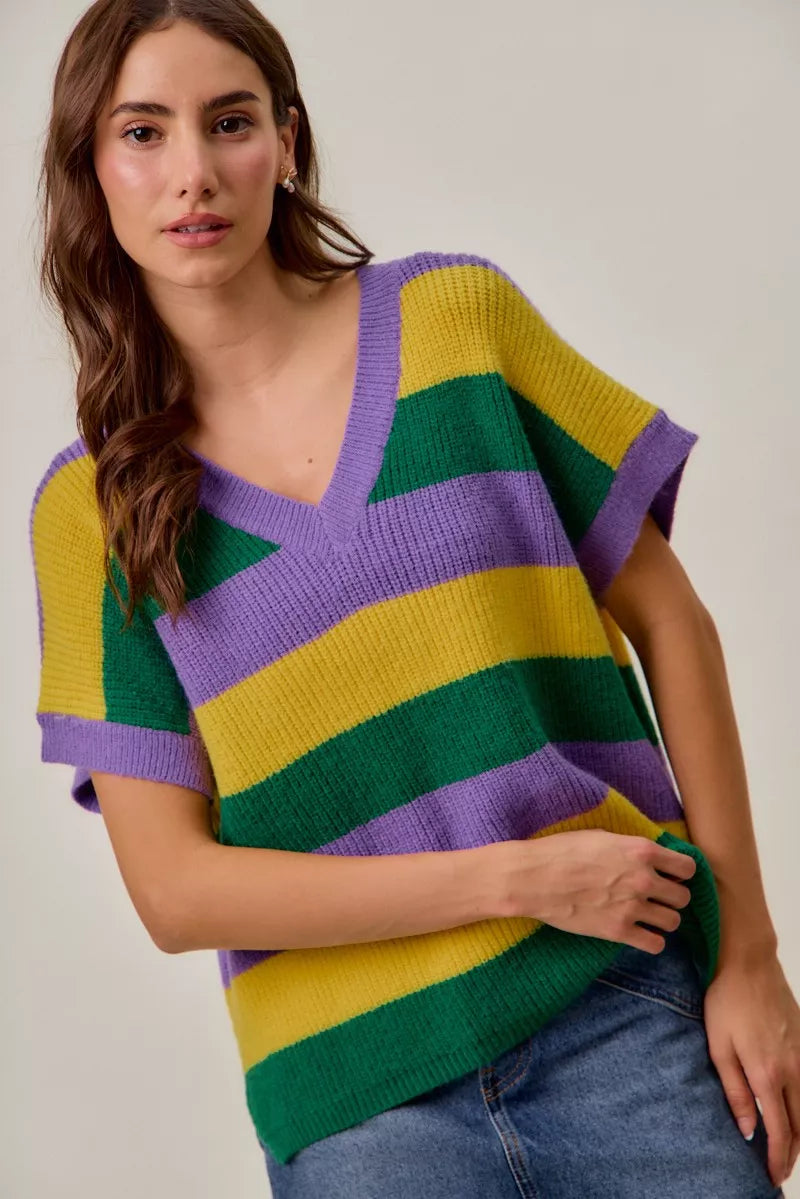 Mardi Gras Loose Fit V Neck Stripe Sweater Top