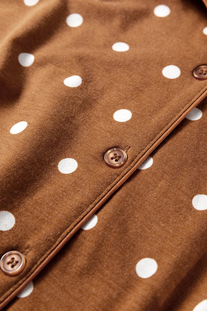 Brown Polka Dot Print Long Sleeve Shirt Pant 2pcs Pajama Set