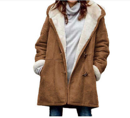 Winter Button Coat Fashion Warm Hooded Jacket With Pockets Women&