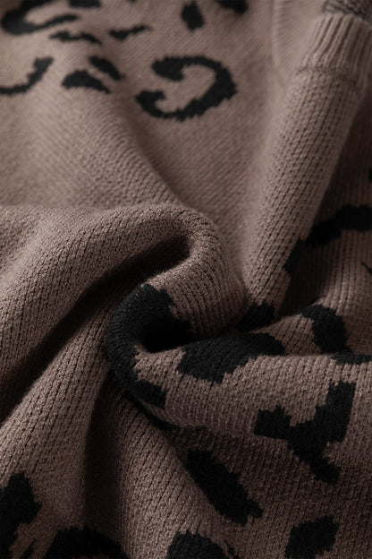 Camel Asymmetric Leopard Print Detail Drop Shoulder Sweater