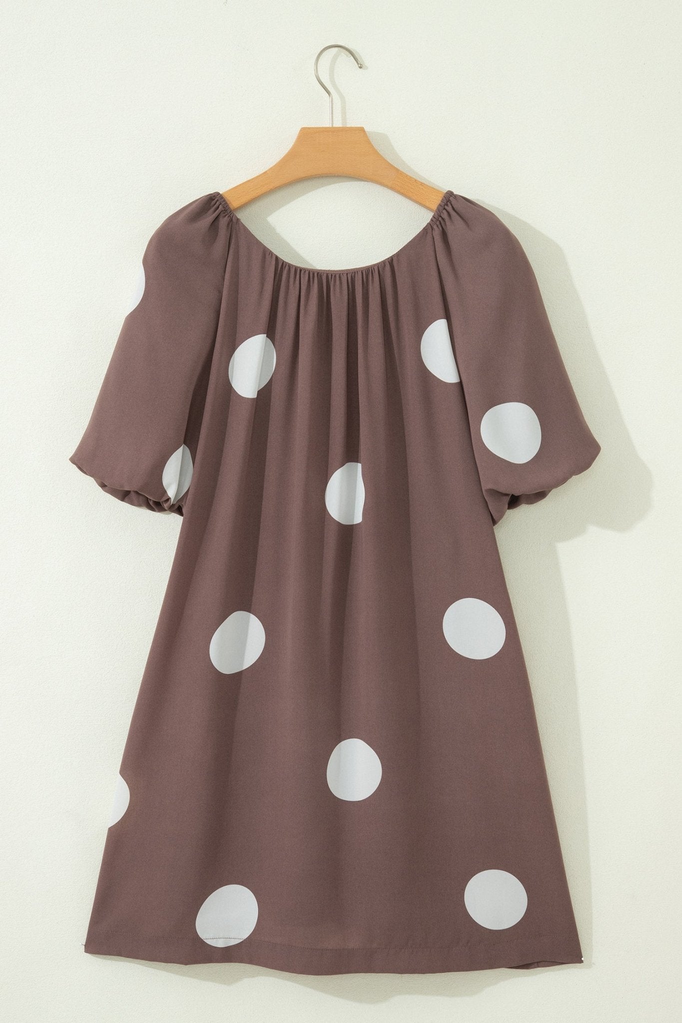 Brown Polka Dot Print Knot Back Short Puff Sleeve Loose Mini Dress - Loving It Shop