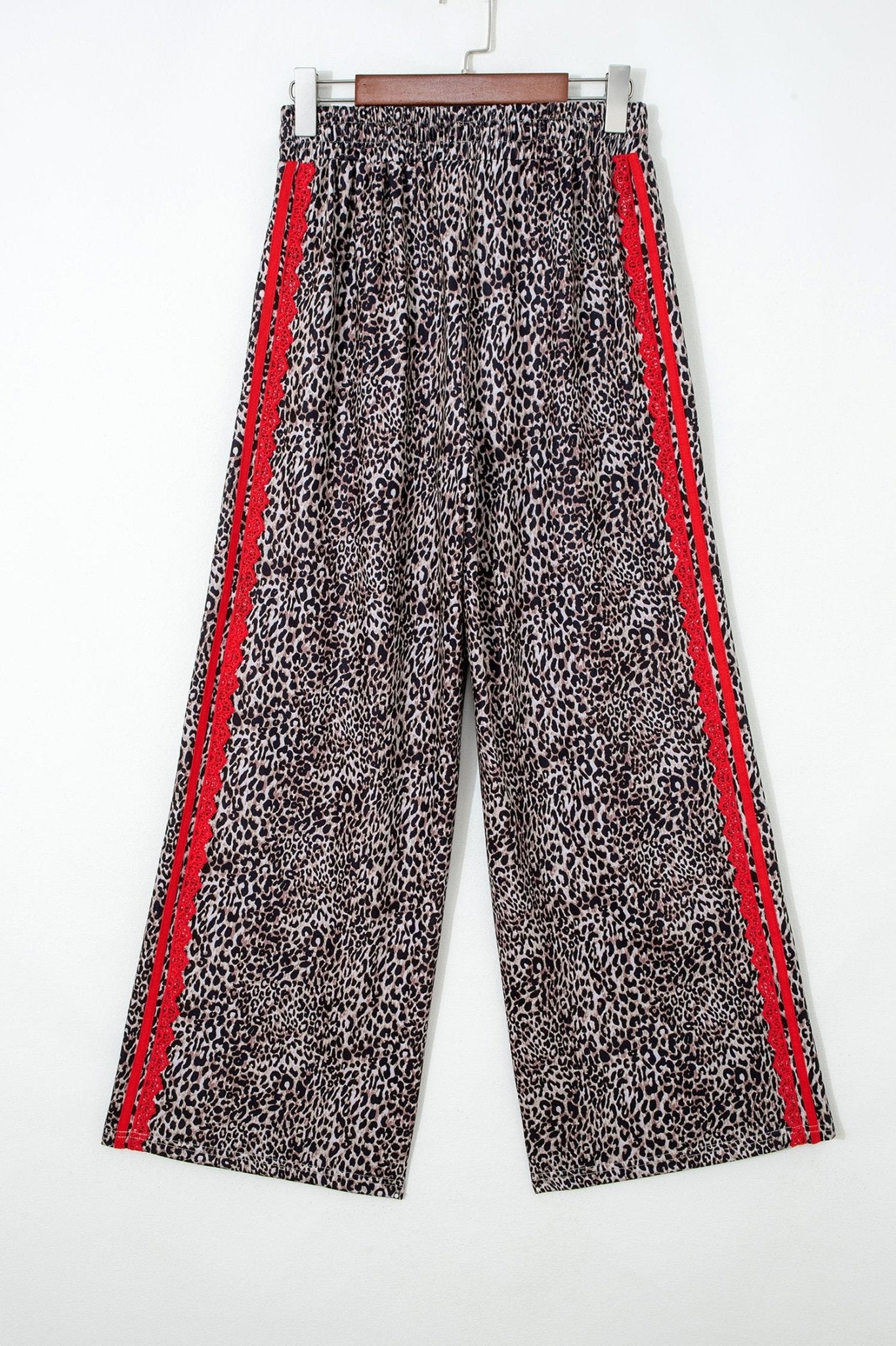 Brown Wild Leopard Print Contrast Lace Striped Detail Drawstring Pants - Loving It Shop