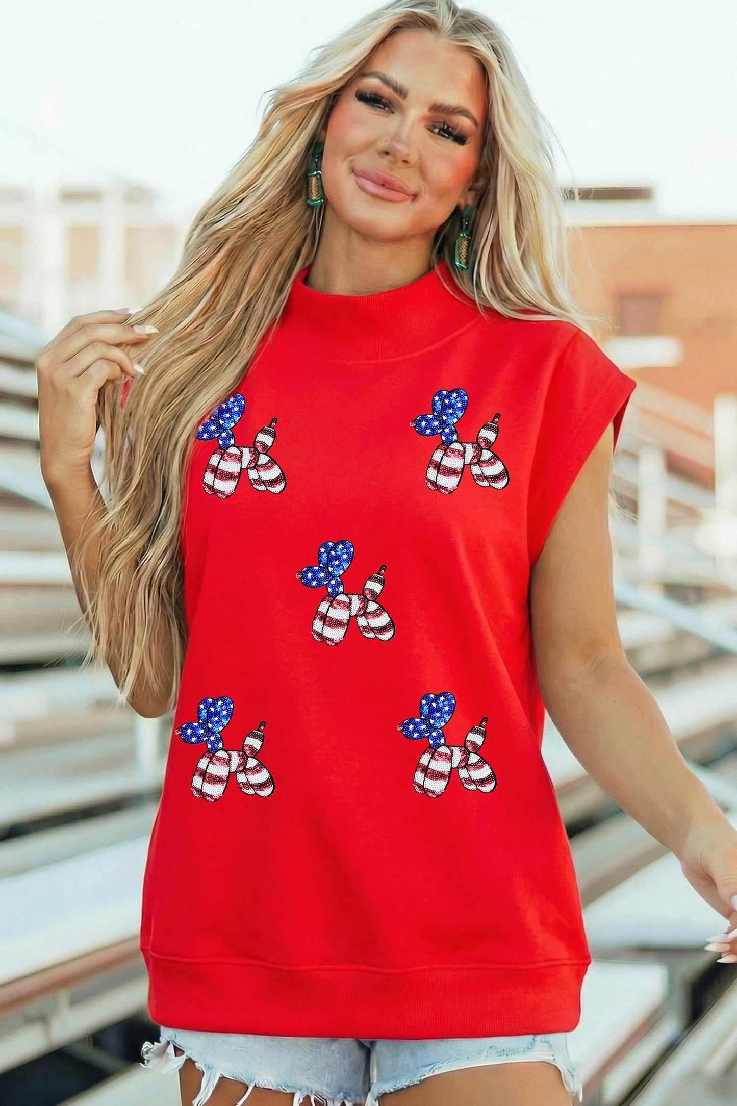 Racing Red Sequin American Flag Balloon Dog High Neck Short Sleeve Top - Loving It Shop