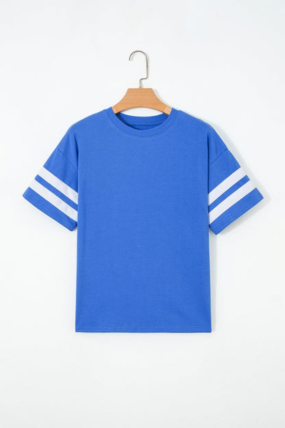 Dark Blue Varsity Striped Short Sleeve Crew Neck T Shirt - Loving It Shop