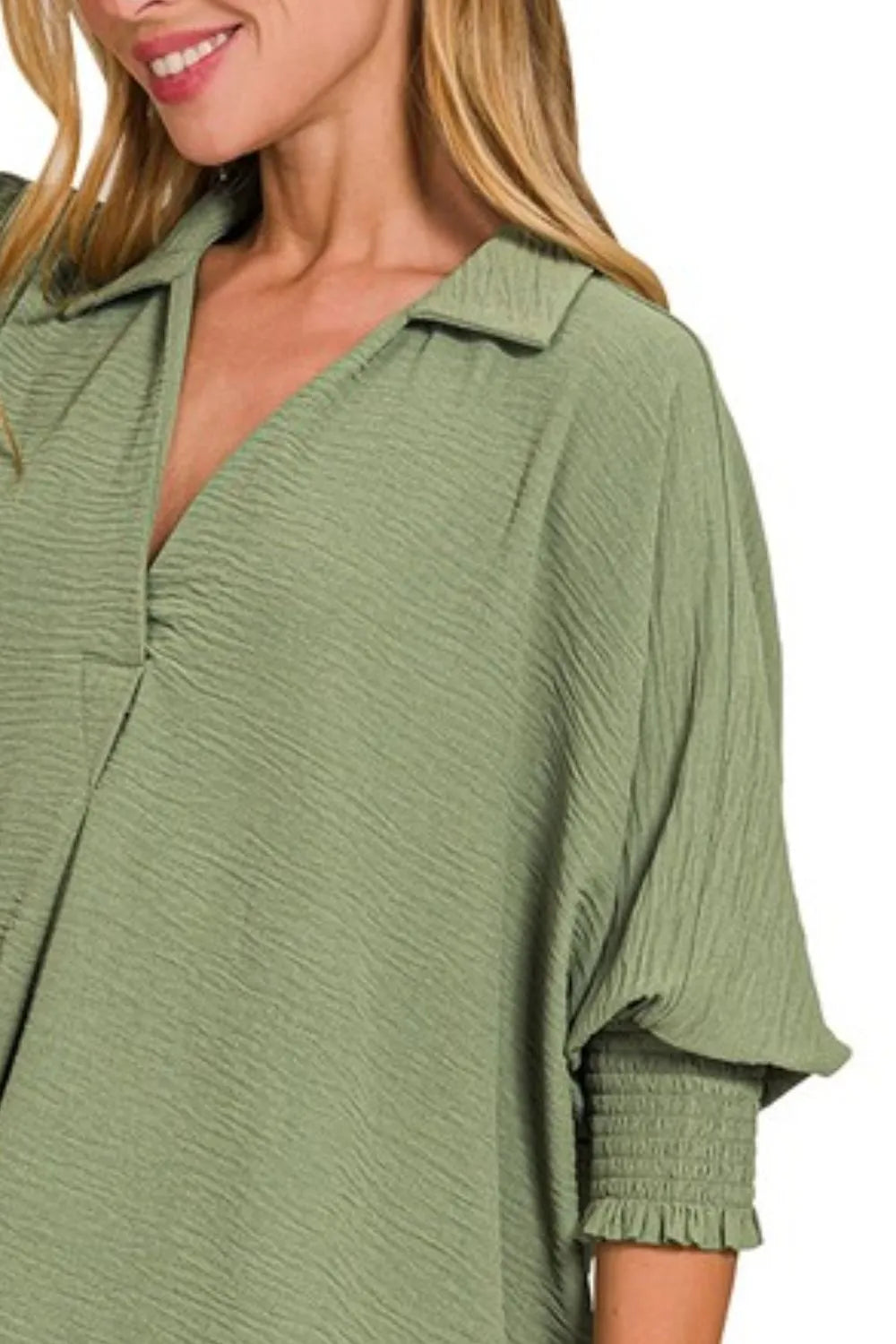 Airflow Collar Tee with Smocked Sleeve Band Top