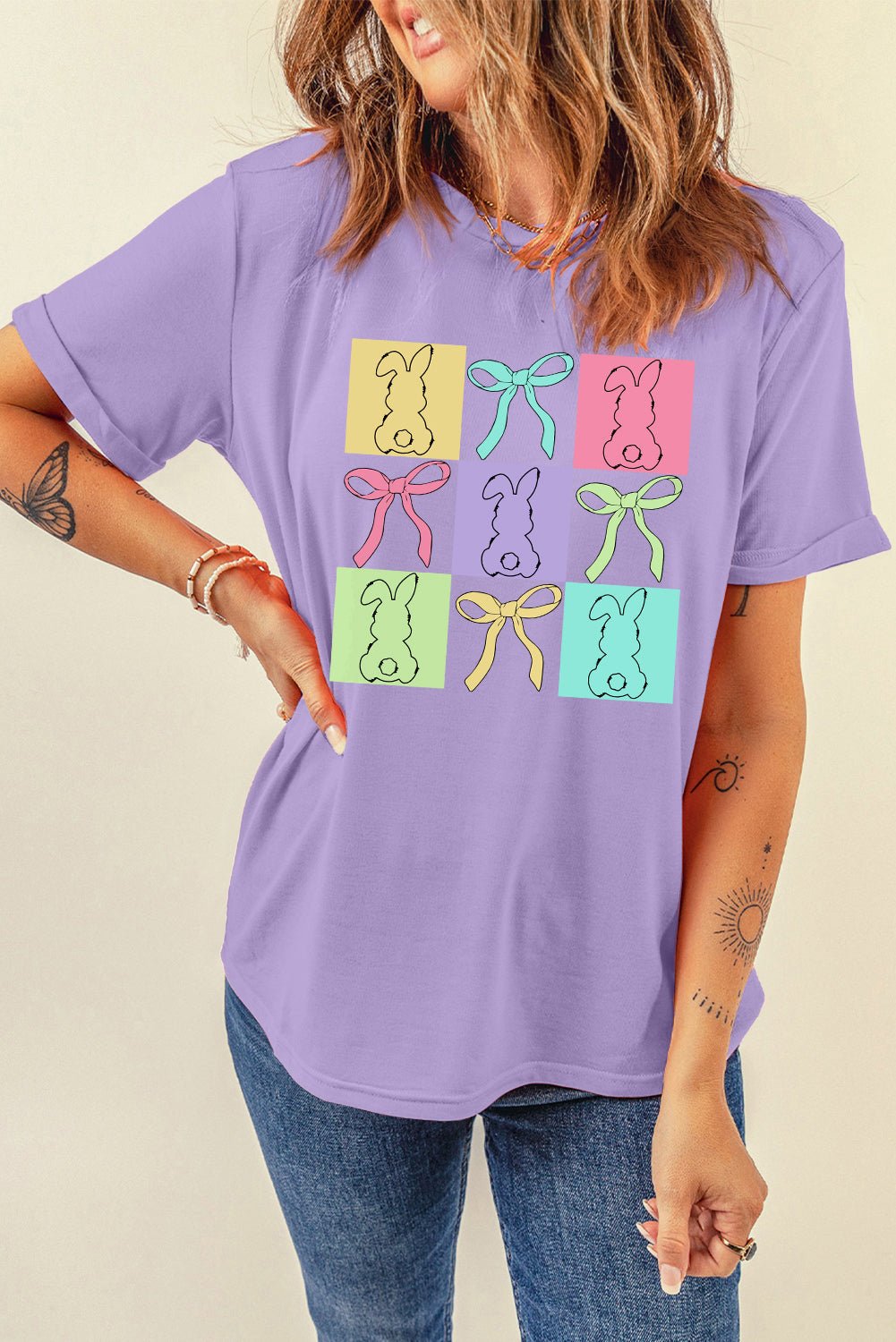 Wisteria Bunny Bow Plaid Print Easter Fashion Tee - Loving It Shop