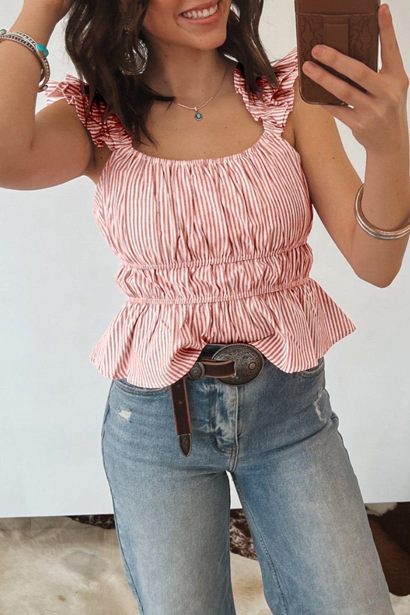 Pink Stripe U Neck Ruffle Trim Cinched Waist Tank Top - Loving It Shop