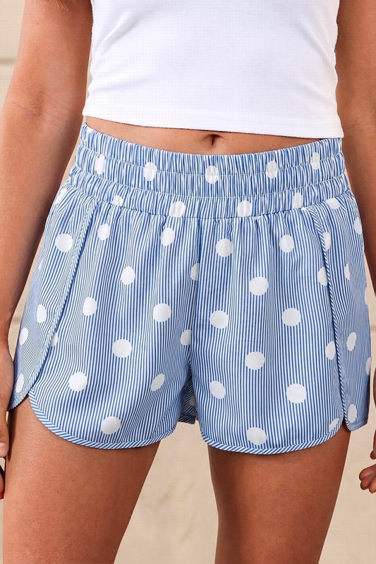 Sky Blue Polka Dot Print Shirred High Waist Casual Shorts - Loving It Shop