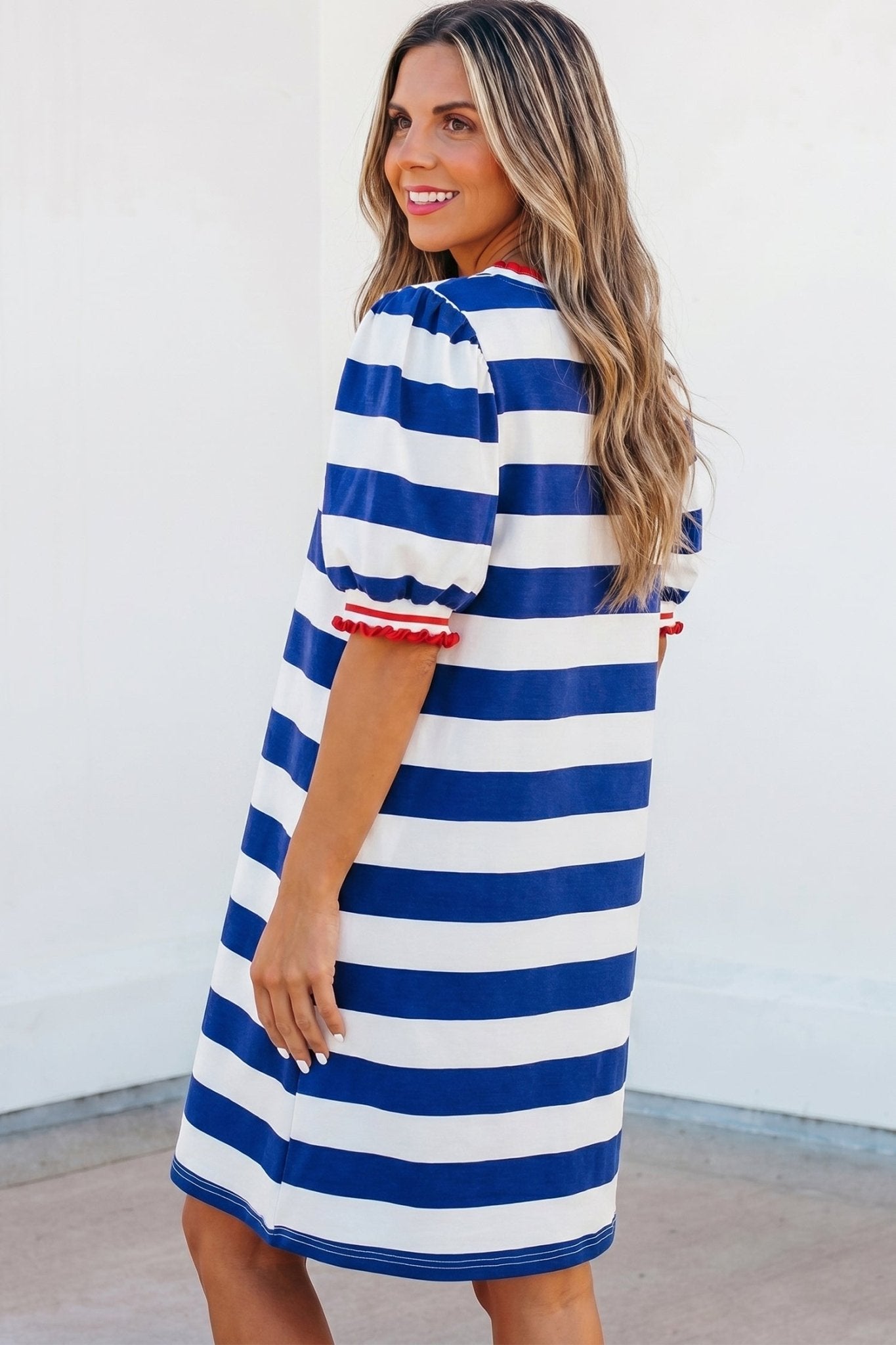 Blue Stripe Contrast Trim Round Neck Short Puff Sleeve Shift Mini Dress - Loving It Shop