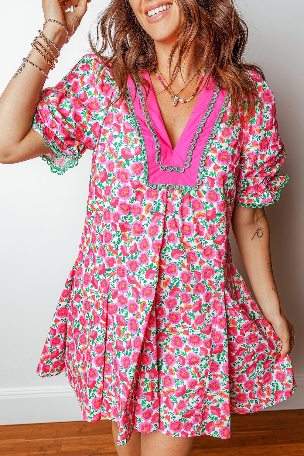 Pink Floral Print V Neck Patchwork Short Bubble Sleeve Mini Dress - Loving It Shop
