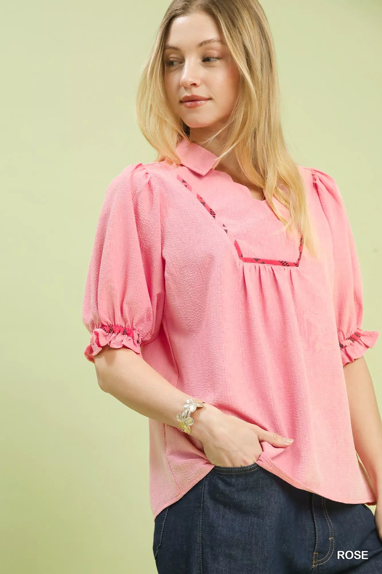 Scalloped Trim Blouse with Puff Sleeves