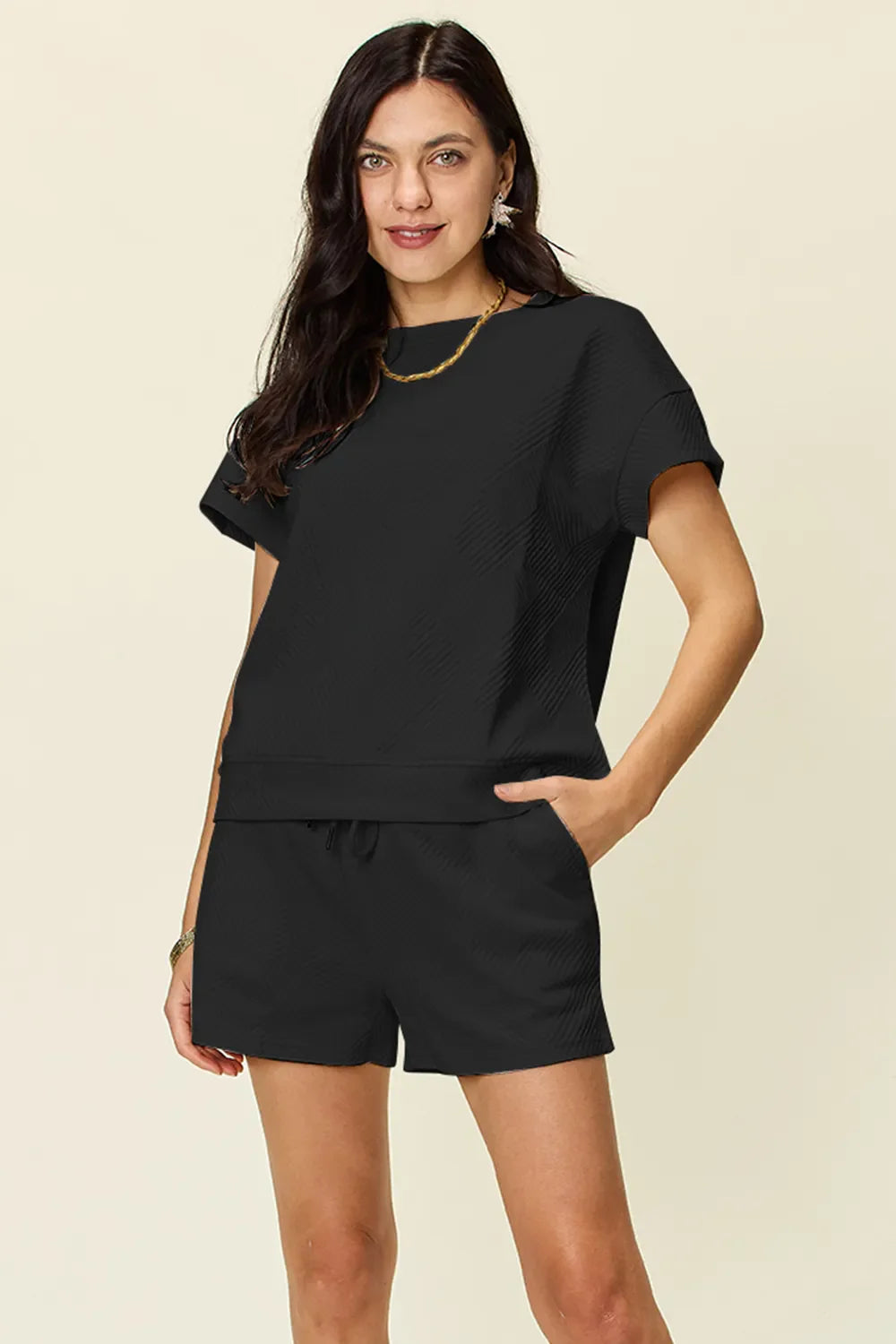 I am a Fashion Junky Full Size Texture Short Sleeve T-Shirt and Drawstring Shorts Set