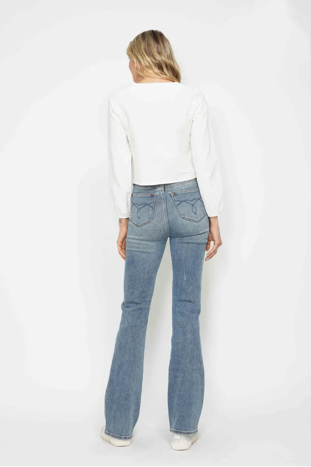 Full Size Tummy Control Back Embroidered Pocketed Bootcut Jeans Plus Size