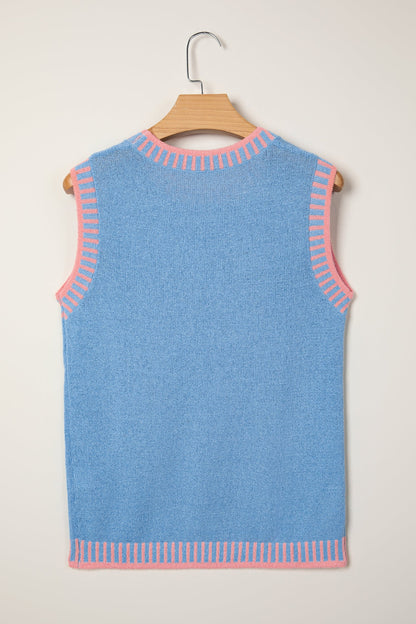 Sky Blue Contrast Trim Round Neck Sleeveless Sweater