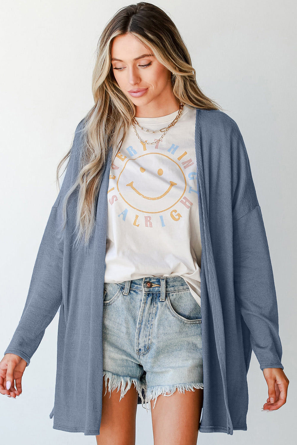Solid Color Rib Knit Open Front Tunic Cardigan